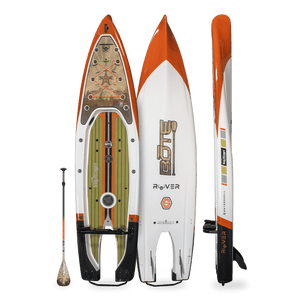 Multi-angle view of the Rover 14' Bug Slinger Backwater Micro Skiff with matching paddle.