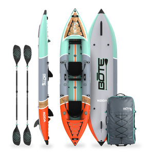 Koda Aero Tandem inflatable kayak package shown top, bottom and side views with paddles and carry bag.