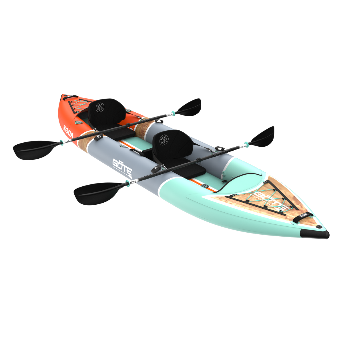 Angled view of Koda Aero Tandem with dual seats, front deck bungees and paddles.