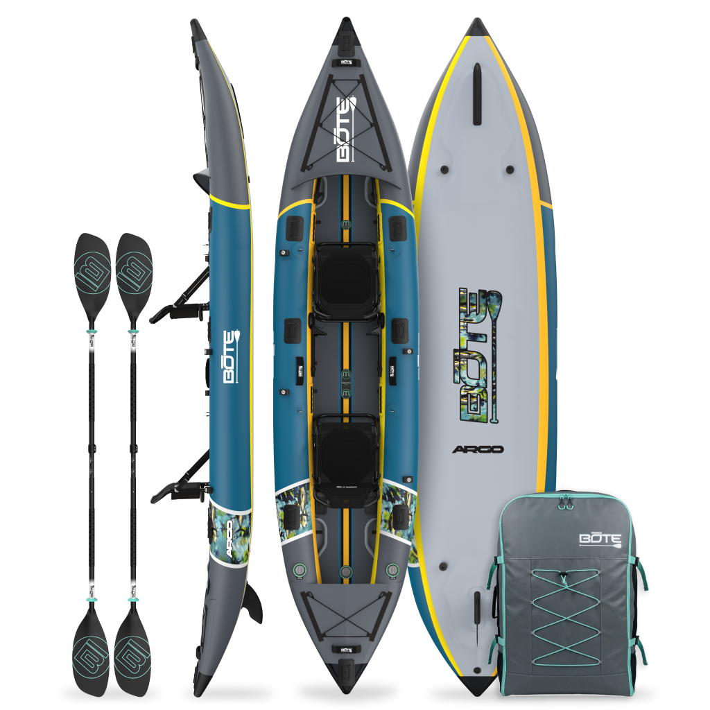 BOTE Argo teal and gray inflatable tandem kayak shown from multiple angles with two black paddles and a gray travel bag included.
