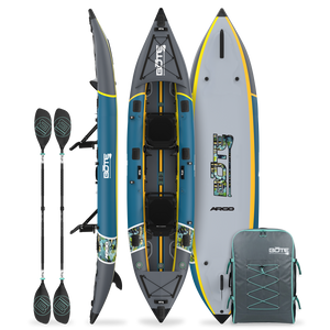 BOTE Argo teal and gray inflatable tandem kayak shown from multiple angles with two black paddles and a gray travel bag included.