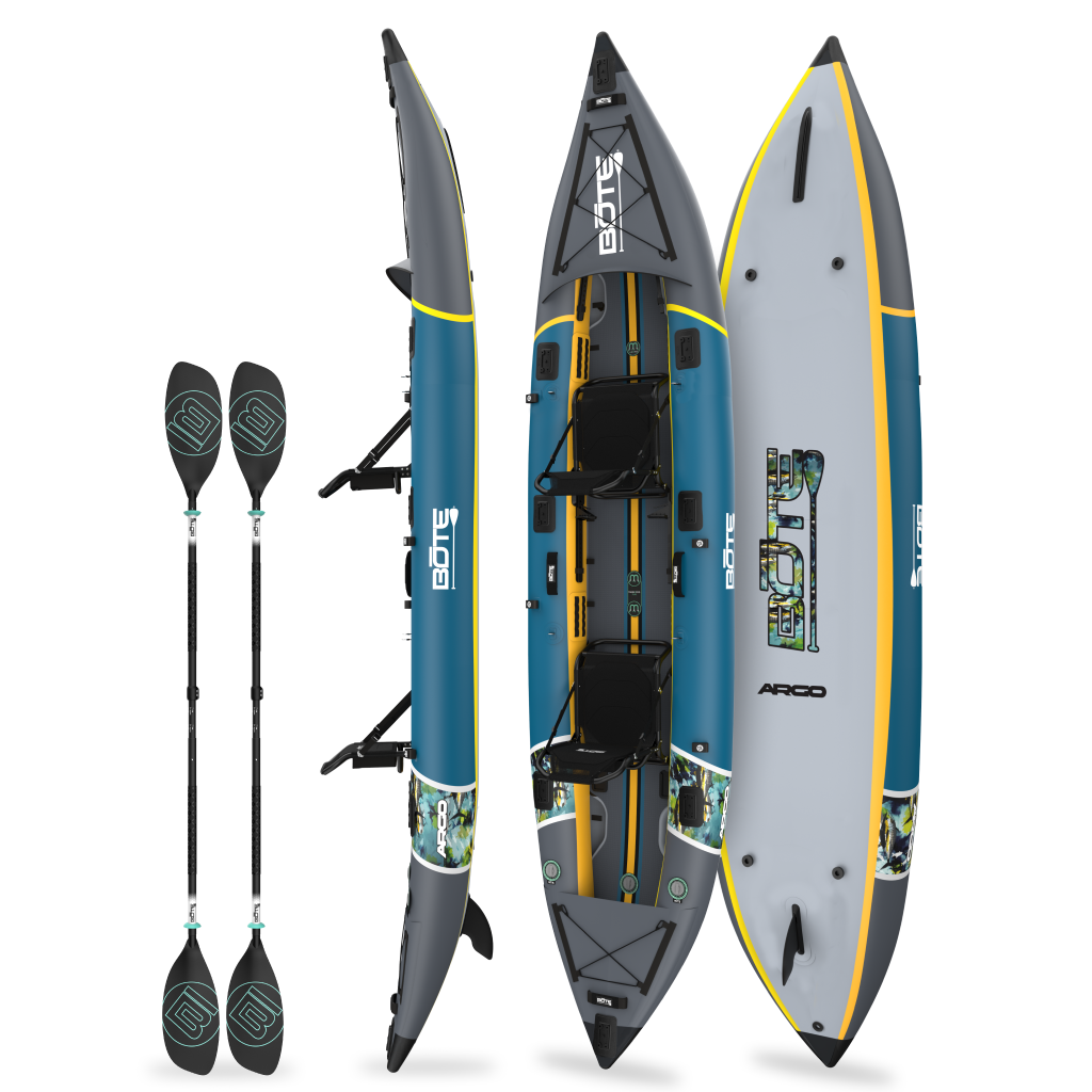 BOTE Argo teal and gray inflatable tandem kayak shown from multiple angles with two black paddles included.