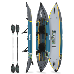 BOTE Argo teal and gray inflatable tandem kayak shown from multiple angles with two black paddles included.