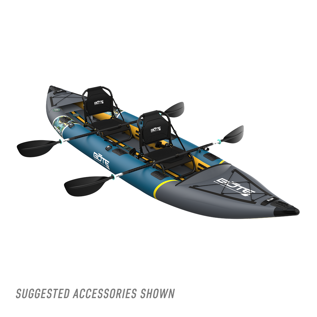 Top view of BOTE Argo teal and gray inflatable tandem kayak with two black elevated frame seats and black paddles. Suggested accessories shown.