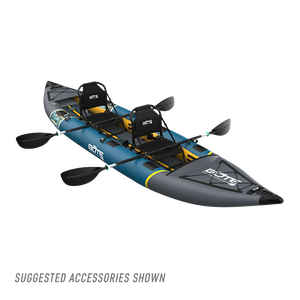 Top view of BOTE Argo teal and gray inflatable tandem kayak with two black elevated frame seats and black paddles. Suggested accessories shown.