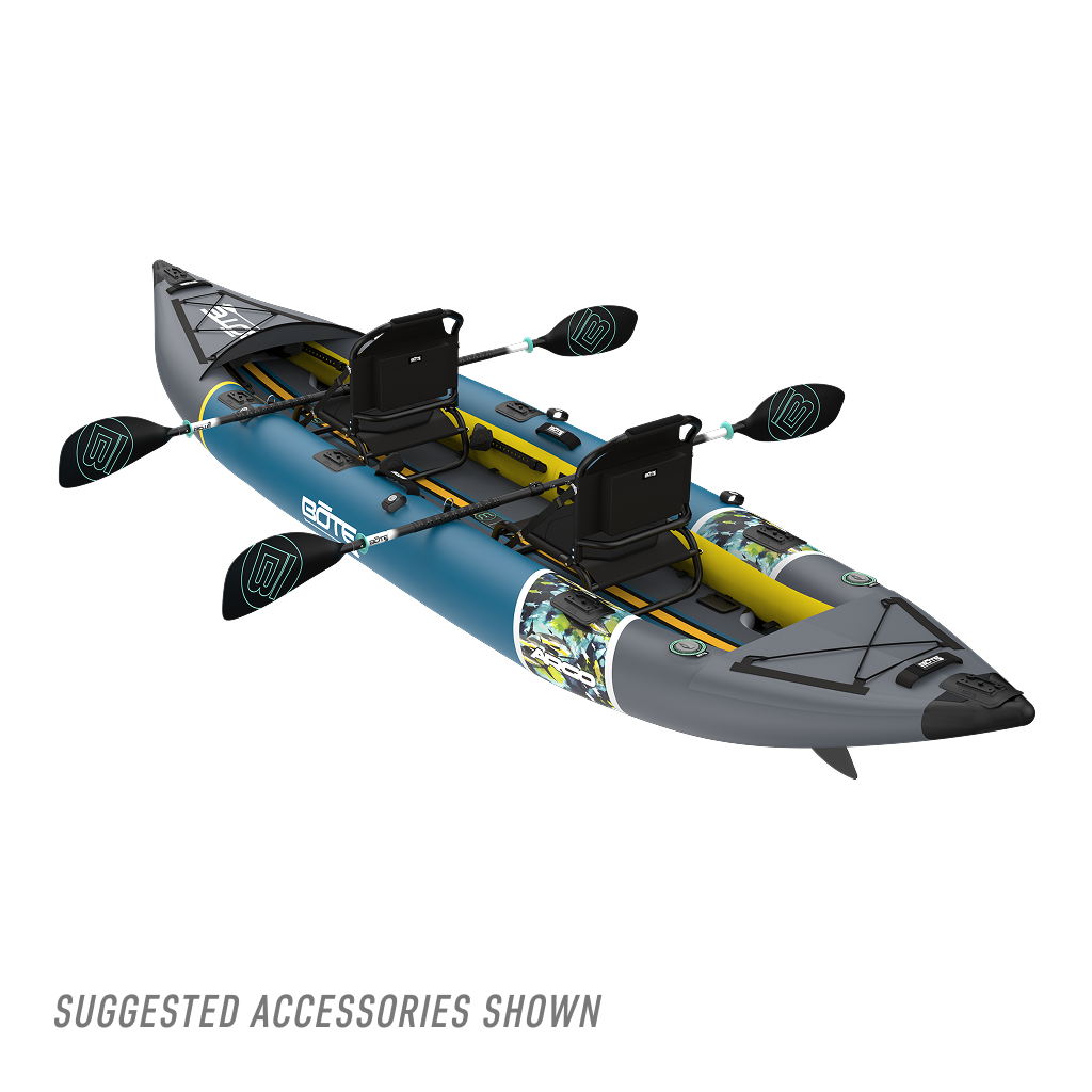 Rear view of BOTE Argo teal and gray inflatable tandem kayak with two black frame seats and black paddles. Suggested accessories shown.