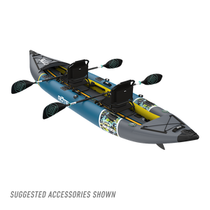Rear view of BOTE Argo teal and gray inflatable tandem kayak with two black frame seats and black paddles. Suggested accessories shown.