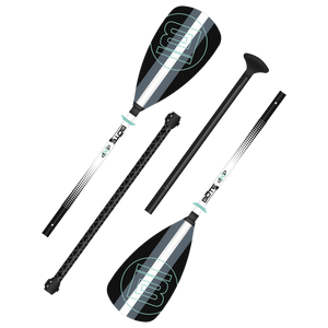 Angled view of the 4-Piece Hybrid Adjustable Fiberglass Paddle Black in its four component parts