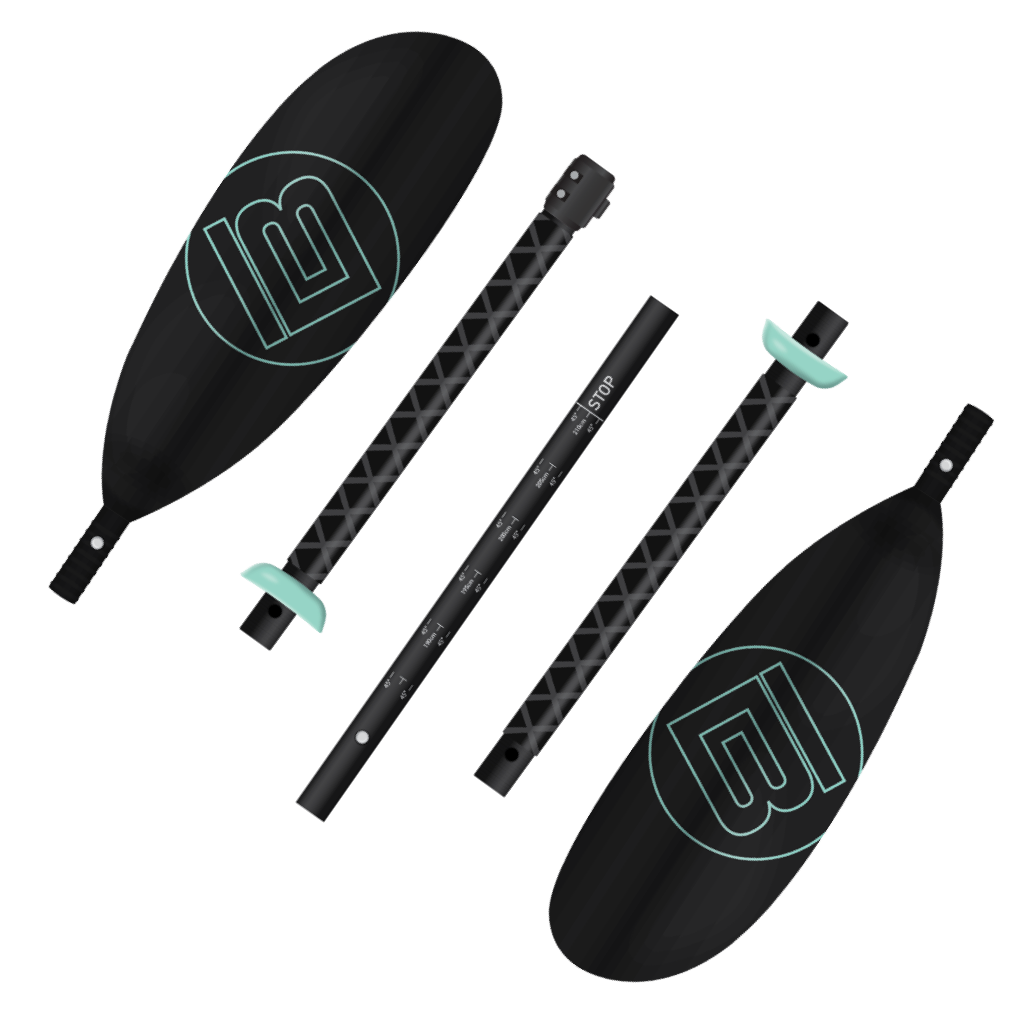 Top view of 5-Piece Kids Adjustable Fiberglass Kayak Paddle Black disassembled with shaft pieces and blades.
