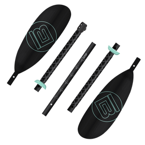 Top view of 5-Piece Kids Adjustable Fiberglass Kayak Paddle Black disassembled with shaft pieces and blades.