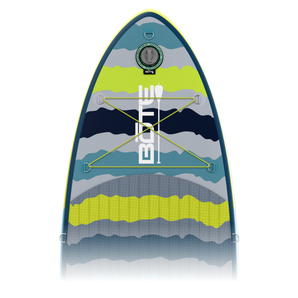 Close-up top nose view of Kids FlowRider board with bungee cords and wave pattern.