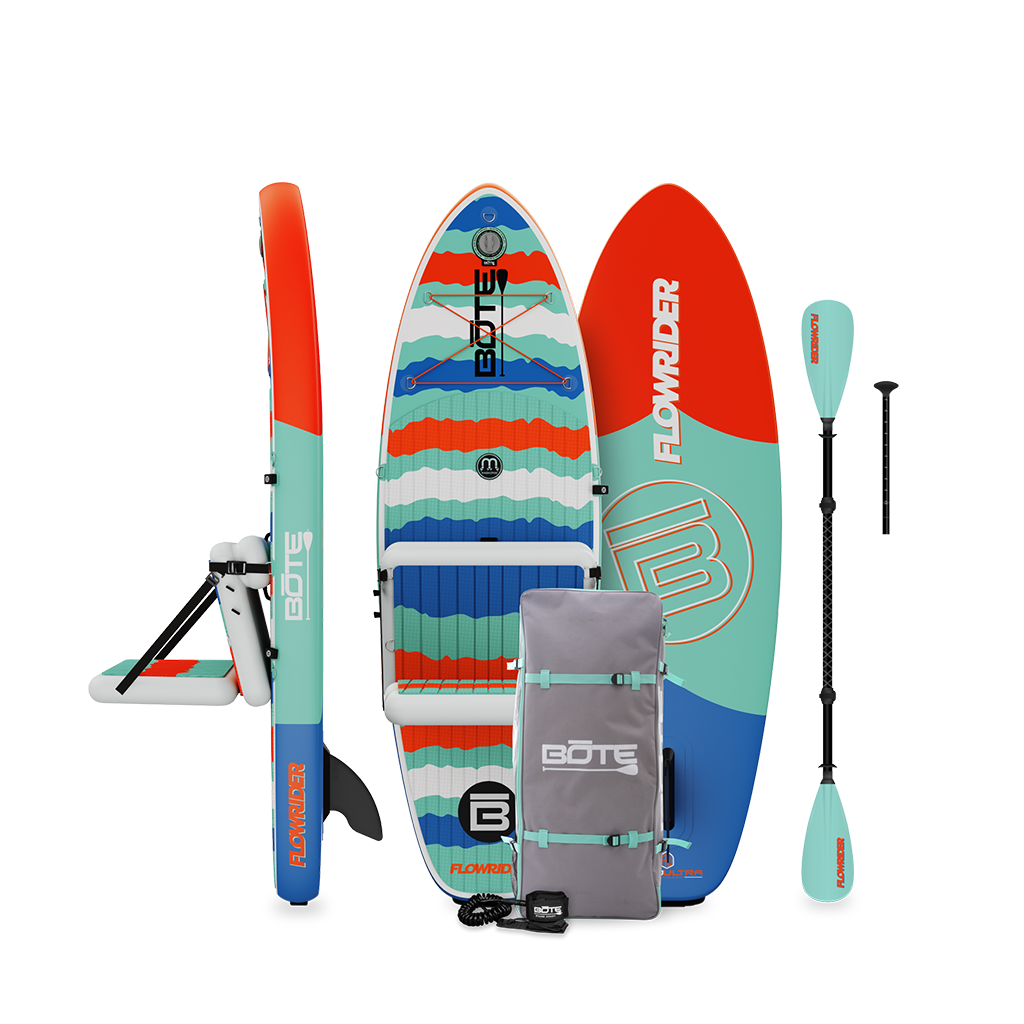 Side, top and bottom view of Kids FlowRider Aero full package in Native Rips with paddle and bag.