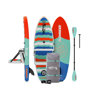 Side, top and bottom view of Kids FlowRider Aero full package in Native Rips with paddle and bag.