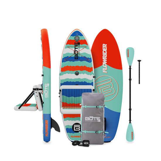 Side, top and bottom view of Kids FlowRider Aero full package in Native Rips with paddle and bag.