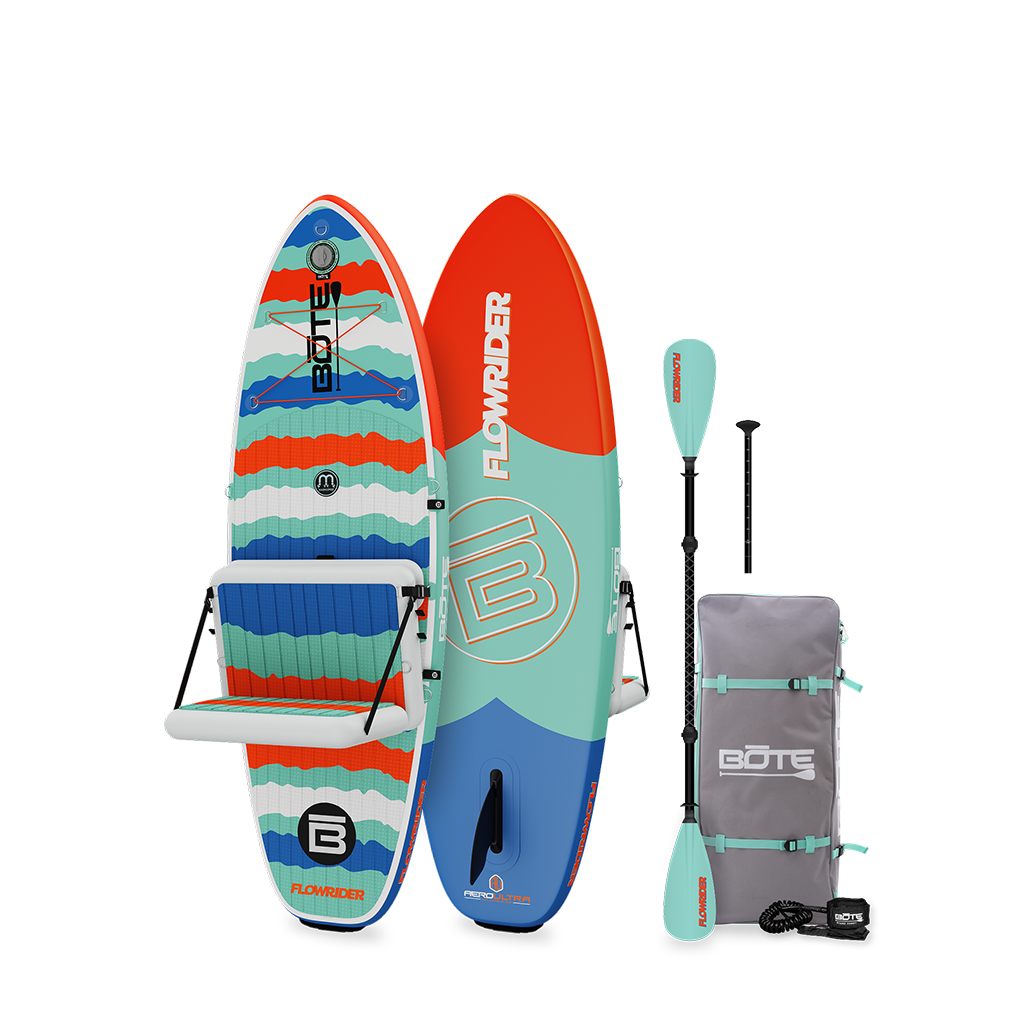 Top and bottom view of Kids FlowRider Aero package in Native Rips with kayak seat, paddle, and bag.