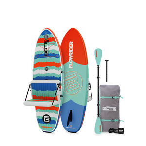 Top and bottom view of Kids FlowRider Aero package in Native Rips with kayak seat, paddle, and bag.