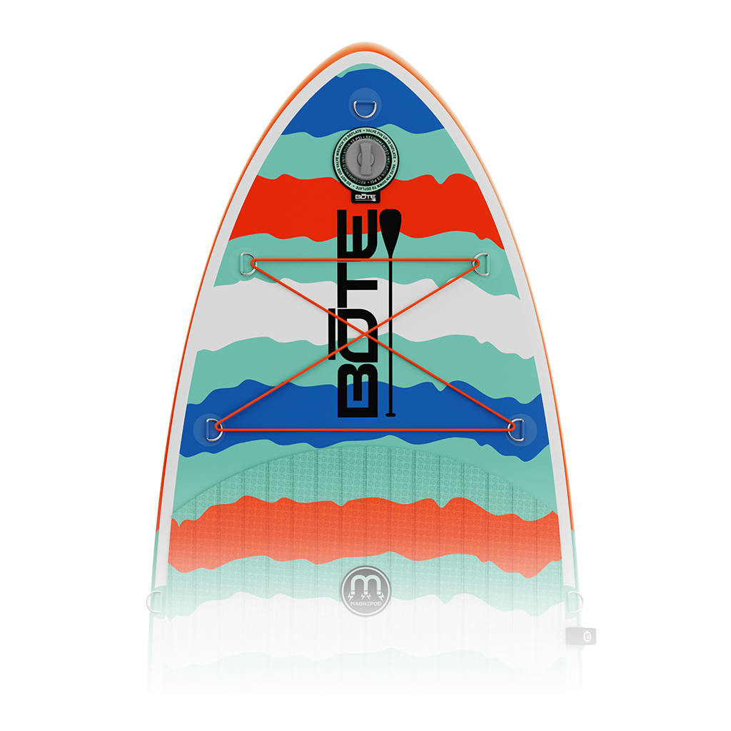 Top-down view of Kids FlowRider Aero deck in Native Rips colorway with bungee tie-downs.