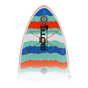 Top-down view of Kids FlowRider Aero deck in Native Rips colorway with bungee tie-downs.