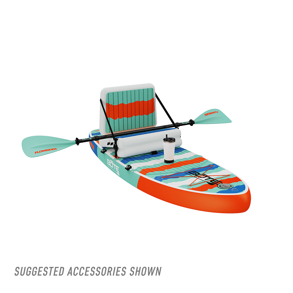 Angled view of Kids FlowRider Aero inflatable SUP in Native Rips with kayak seat and paddle shown.