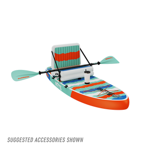 Angled view of Kids FlowRider Aero inflatable SUP in Native Rips with kayak seat and paddle shown.