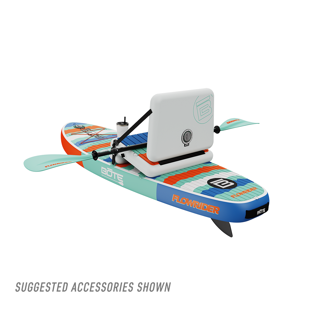 Angled rear view of Kids FlowRider Aero inflatable SUP in Native Rips with cooler and paddle shown.