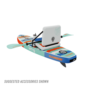 Angled rear view of Kids FlowRider Aero inflatable SUP in Native Rips with cooler and paddle shown.