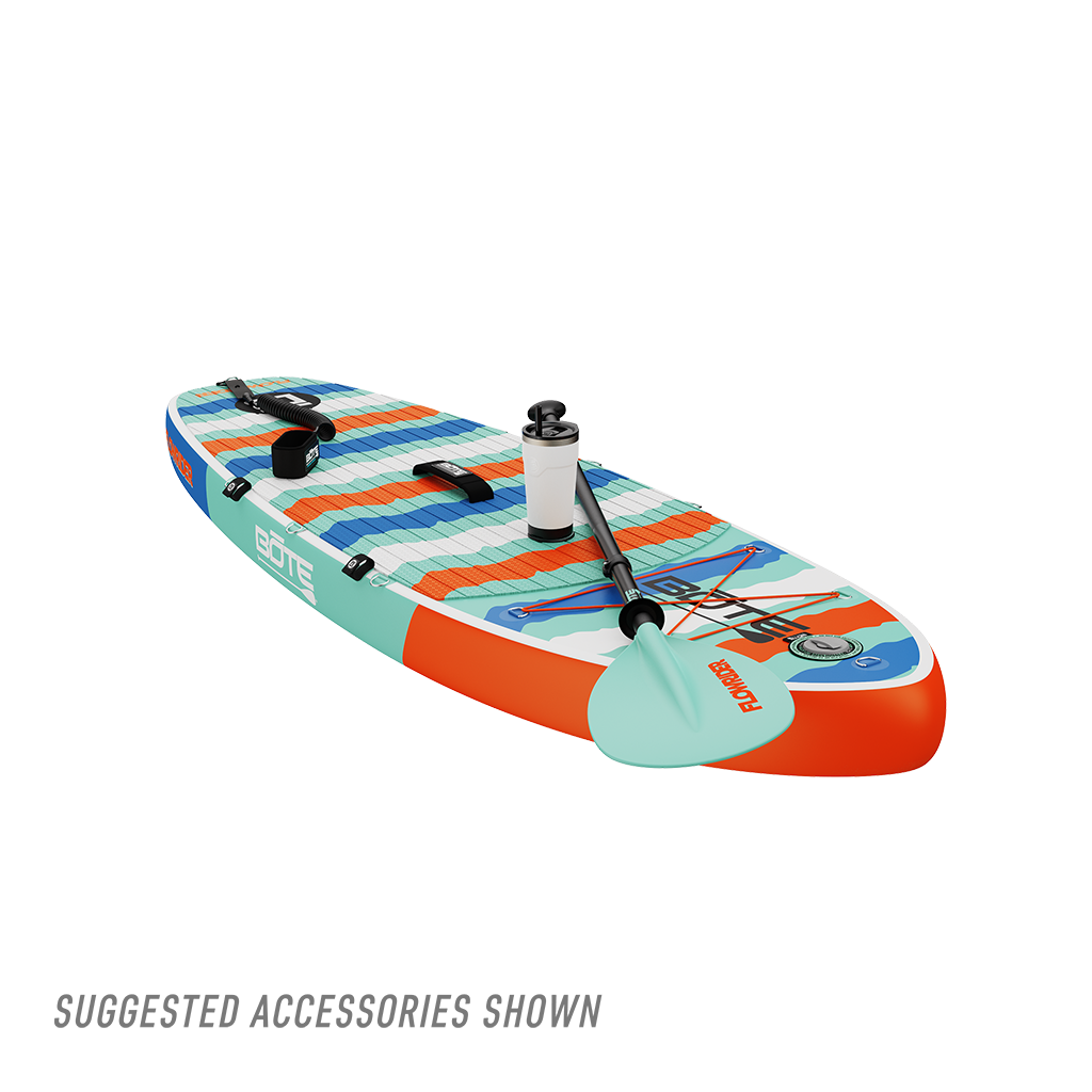 Angled view of Kids FlowRider Aero inflatable SUP in Native Rips with paddle shown.