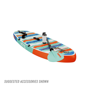 Angled view of Kids FlowRider Aero inflatable SUP in Native Rips with paddle shown.