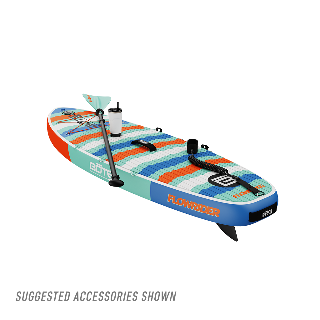 Angled rear view of Kids FlowRider Aero inflatable SUP in Native Rips with paddle and leash shown.