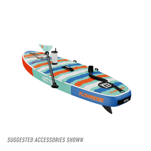 Angled rear view of Kids FlowRider Aero inflatable SUP in Native Rips with paddle and leash shown.