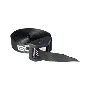 Cam Straps partially unrolled showing cam buckle and textured black webbing.