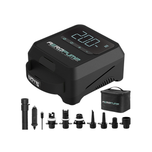 AeroPump Mini with included hose, nozzle set, power adapters, and zippered storage pouch.