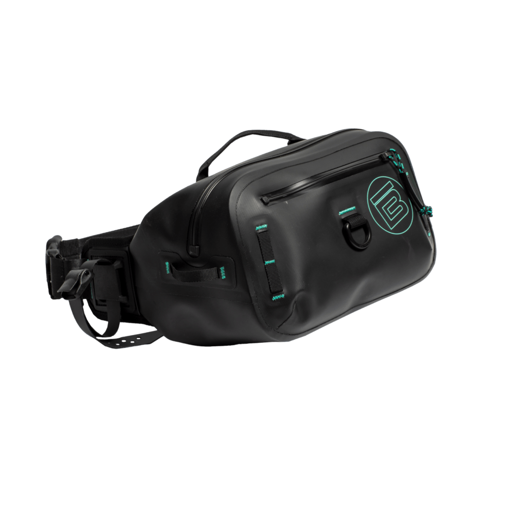 Angled front view of Highwater Belt Pack Black with black zippers and teal accents.