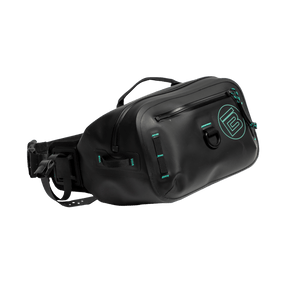 Angled front view of Highwater Belt Pack Black with black zippers and teal accents.