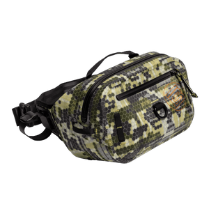 Angled view of Highwater Belt Pack Verge Camo with hex camo print and black zippers.