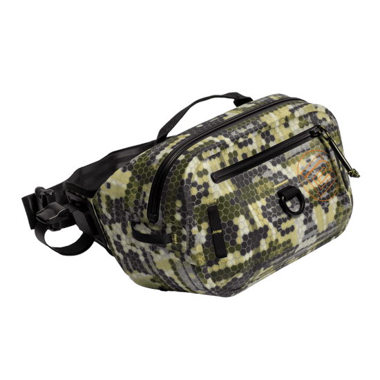 Angled view of Highwater Belt Pack Verge Camo with hex camo print and black zippers.