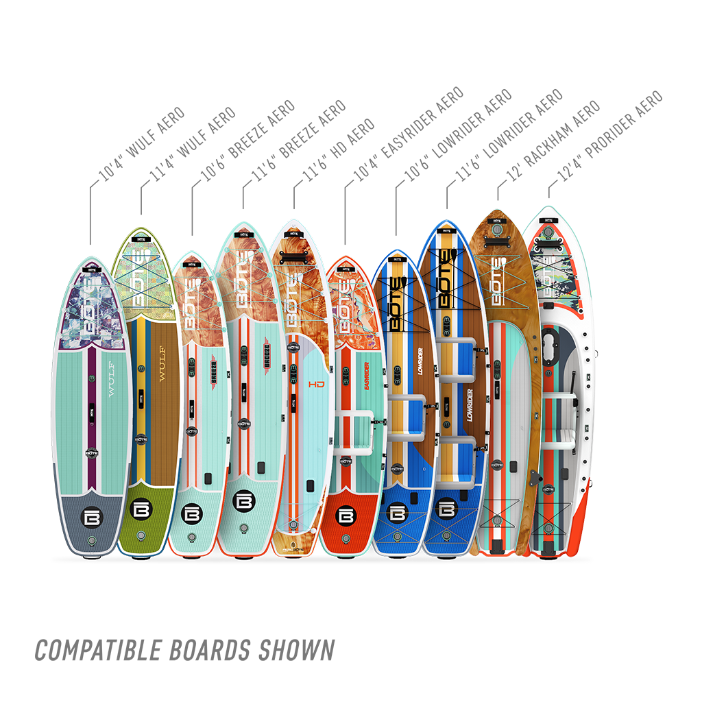 Collection of BOTE inflatable paddle boards in various colors and sizes on a white background.