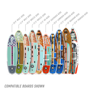 Collection of BOTE inflatable paddle boards in various colors and sizes on a white background.