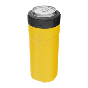 A detailed image of the MAGNEChill Can Cooler Slim Yellow, showing its design and key features.