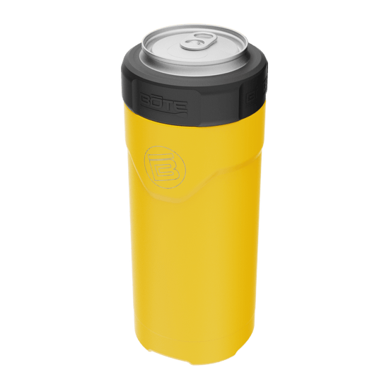 A detailed image of the MAGNEChill Can Cooler Slim Yellow, showing its design and key features.