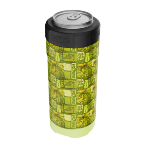 Angled view of green Native Nalu can cooler with tropical pattern and black top.