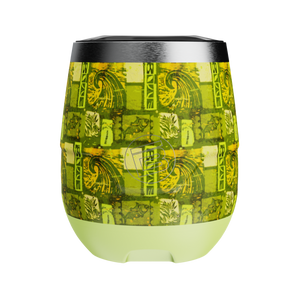 Front view of stemless Native Nalu tumbler with curved shape and green tropical pattern.