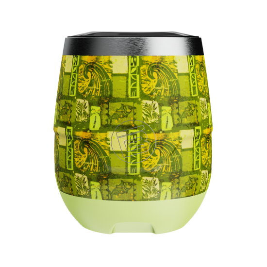 Front view of stemless Native Nalu tumbler with curved shape and green tropical pattern.