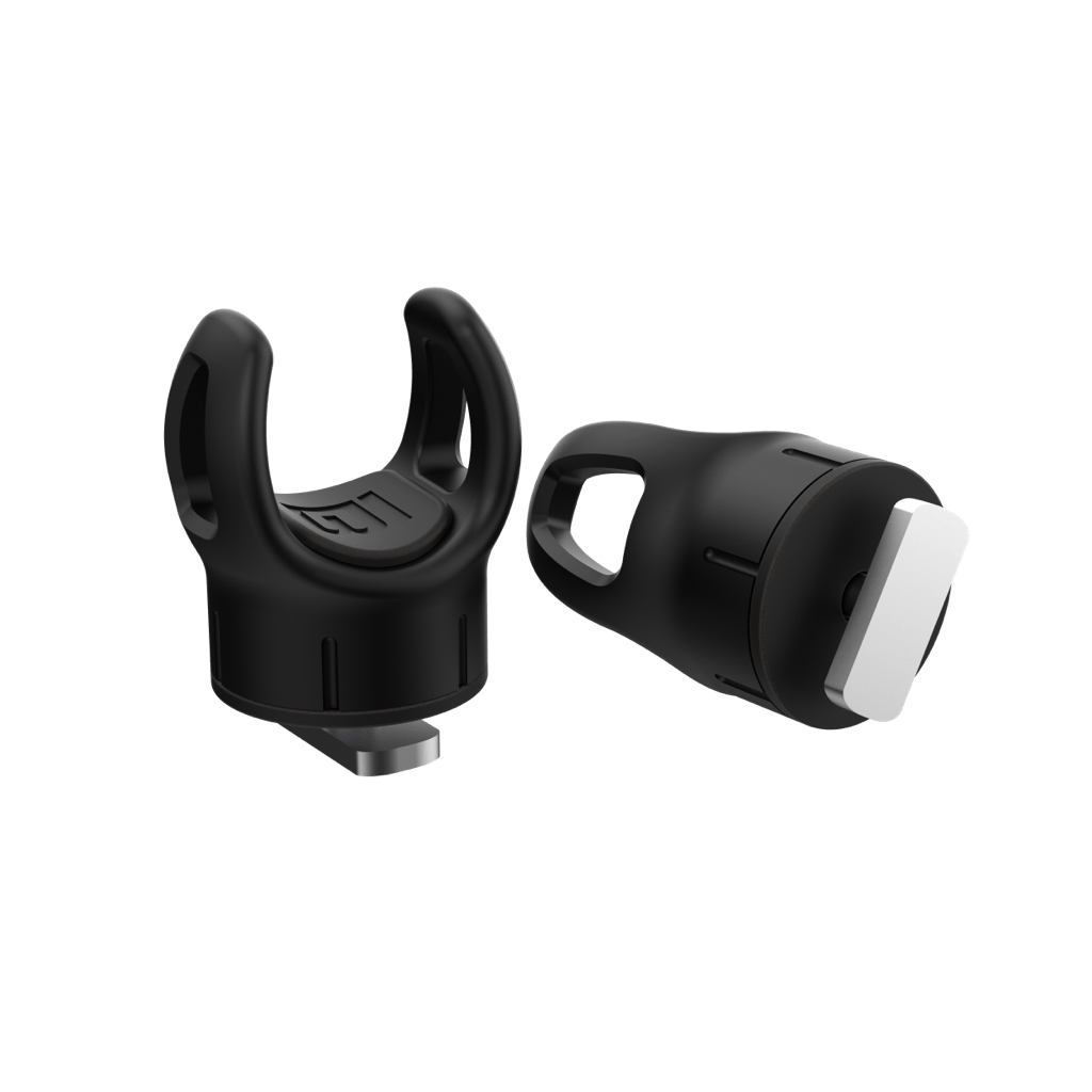 Angled view of two black Rail Rac Paddle Holders with open U-shaped slots.