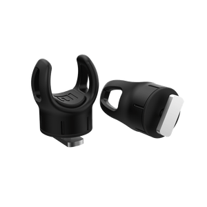 Angled view of two black Rail Rac Paddle Holders with open U-shaped slots.