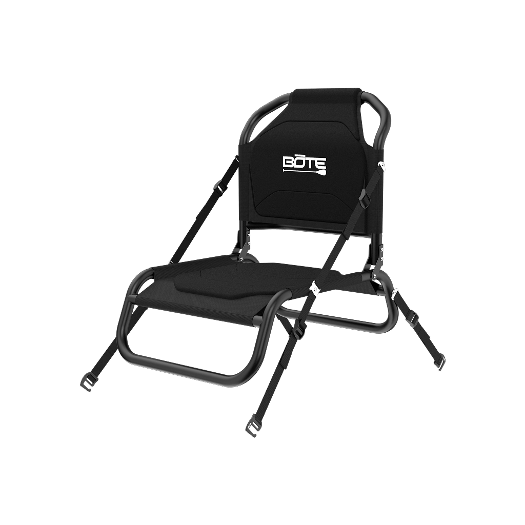 Angled view of Solis Seat with black frame, straps, padded seat, and BOTE logo backrest.