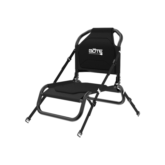 Angled view of Solis Seat with black frame, straps, padded seat, and BOTE logo backrest.