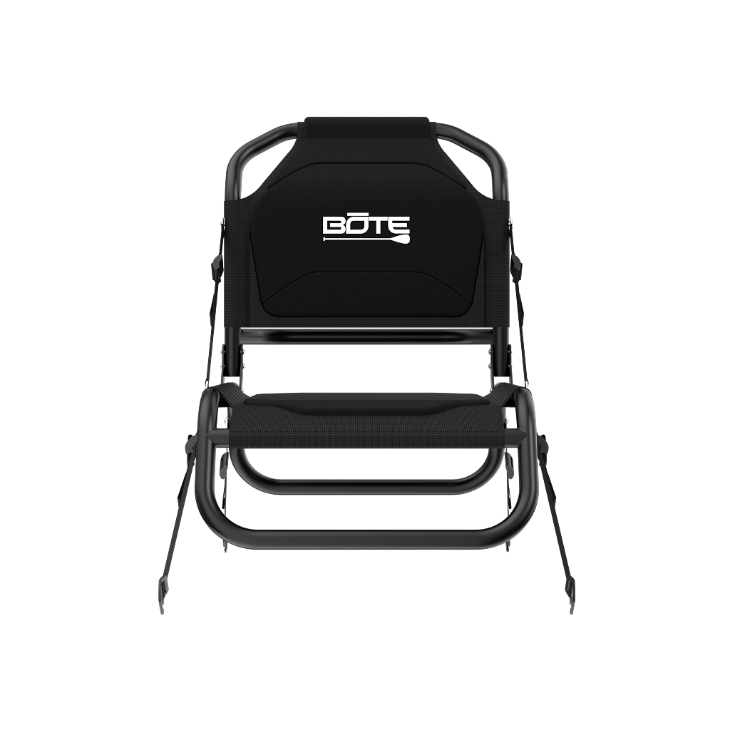 Front view of Solis Seat with black frame, straps, padded seat, and BOTE logo backrest.