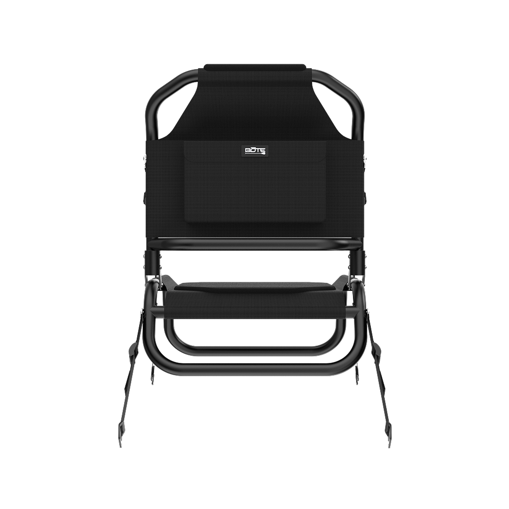 Back view of Solis Seat with black mesh back, padded seat, and side straps.