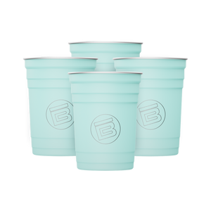 A detailed image of the Stainless Steel Cups 4-Pack Seafoam, showing its design and key features.